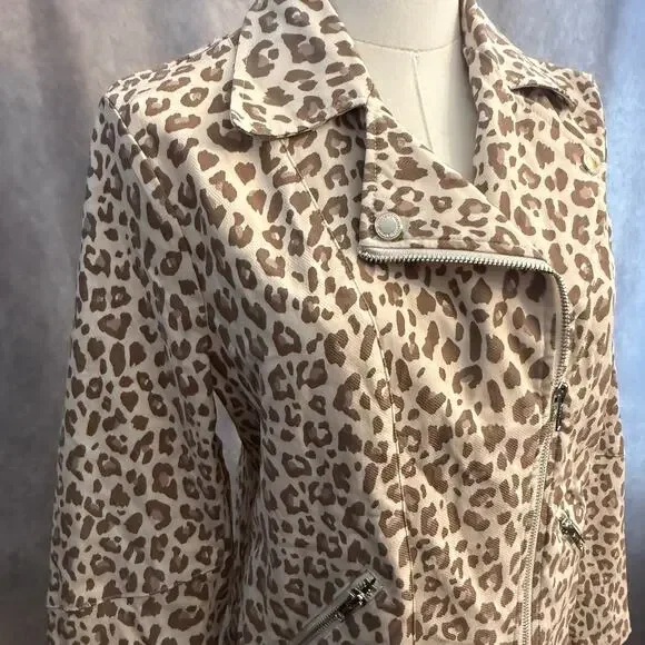Adyson Parker Leopard Moto Jacket Size M Beige Tan Blush Silver Zipper Tailored - Picture 7 of 13